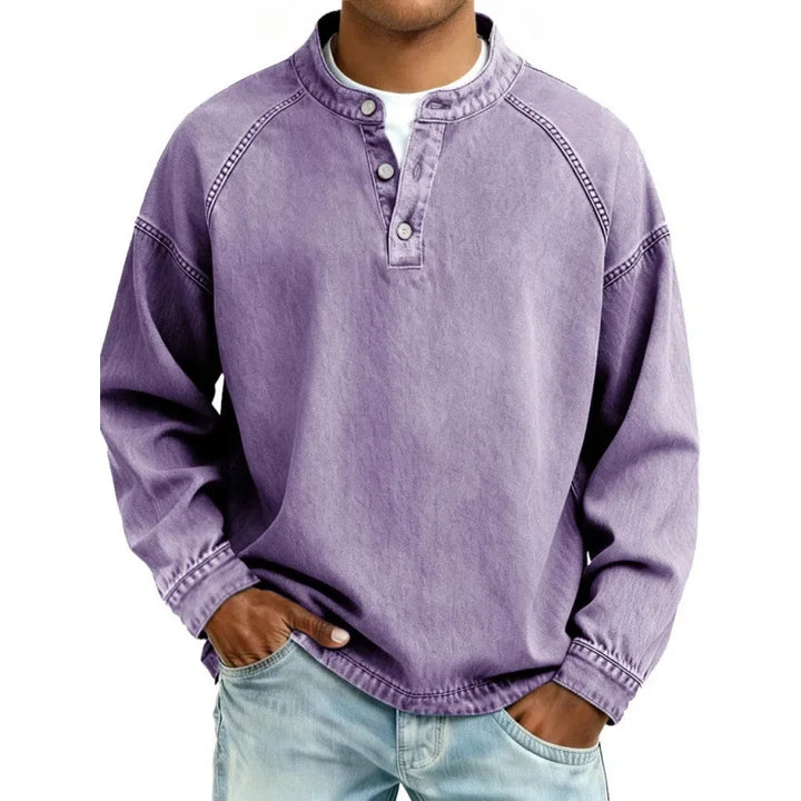 Men’s Denim Henley Collarless Long-Sleeve Shirt