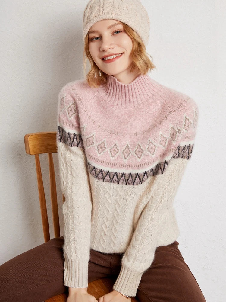 Women's Wool Knit Mock Neck Fair Isle Sweater