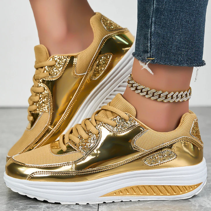 Women's Mesh Platform Wedge Faux Leather Sneakers