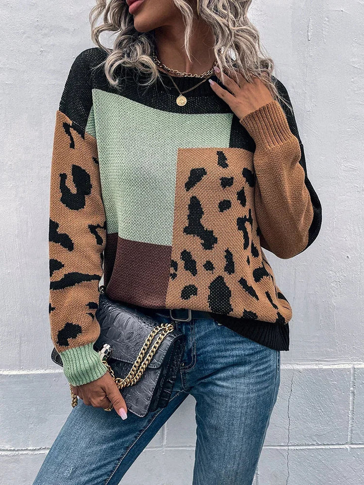 Women’s Leopard-Patchwork Crew-Neck Knit Sweater