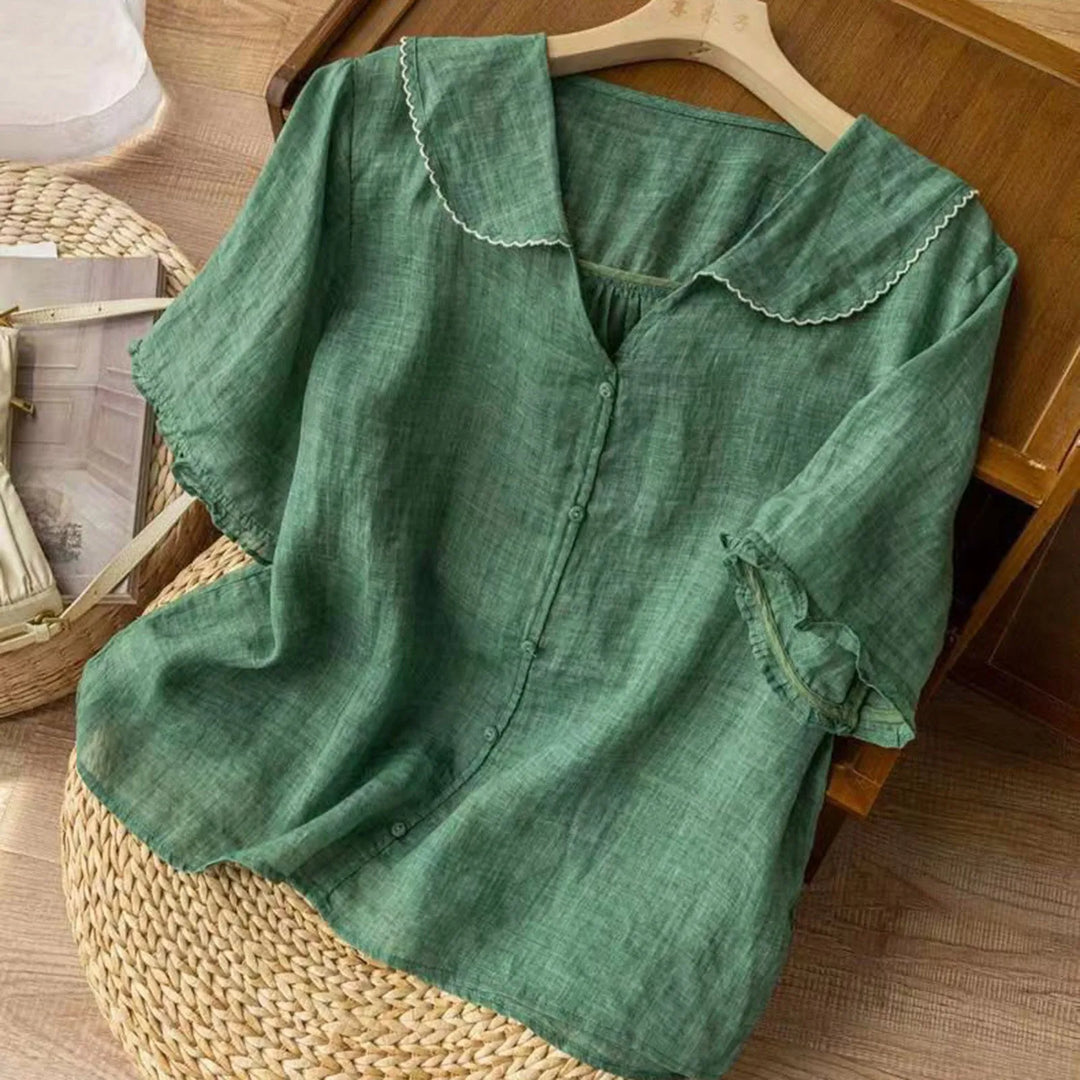 Blouse décontractée pour femme en lin, col en V, manches courtes