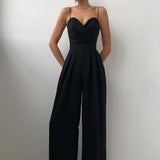 Women's Elegant Wide Leg Sleeveless Satin Jumpsuit Formal Evening Romper