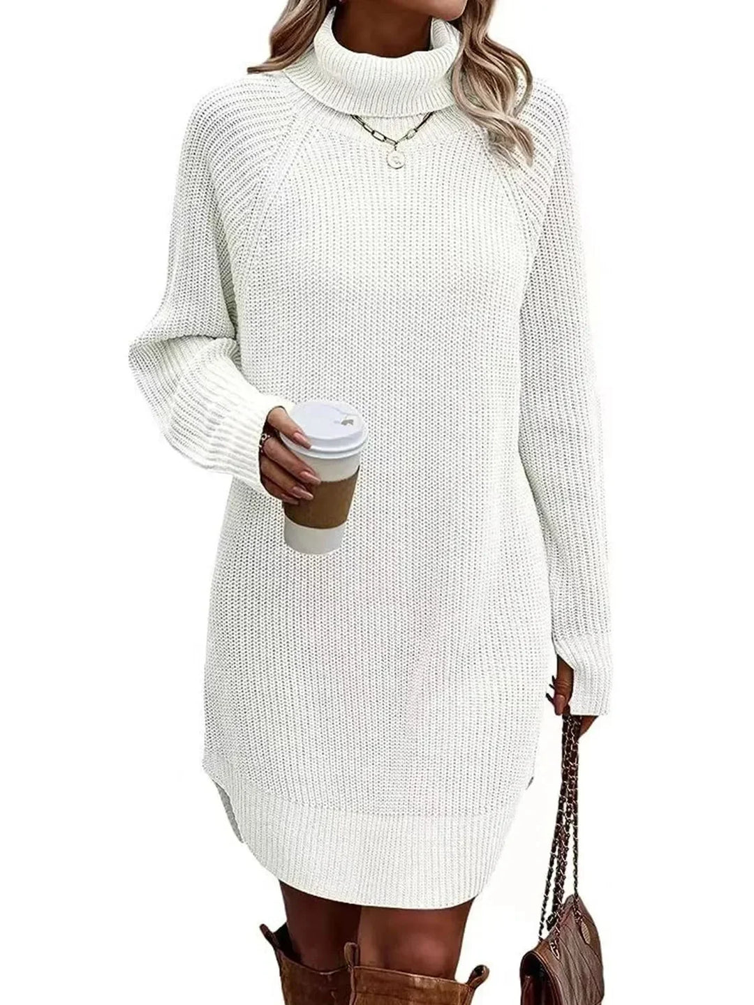 Women’s Ribbed Knit Turtleneck Long-Sleeve Mini Sweater Dress