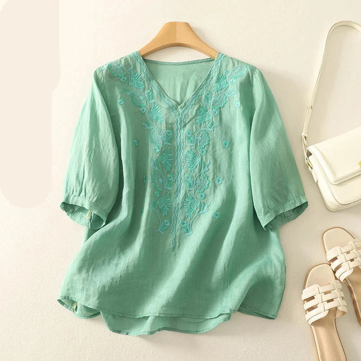Women's Linen Embroidered Blouse V-Neck Casual Short Sleeve Top