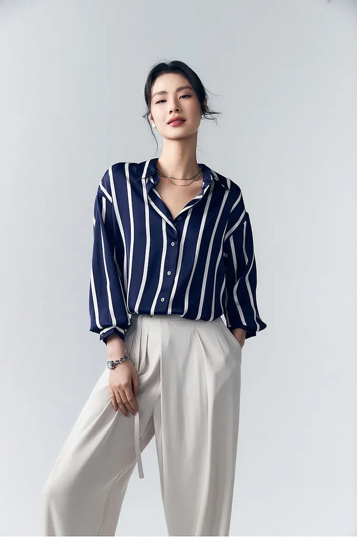 Women's Striped Long Sleeve Linen Shirt Button Up Blouse Tops