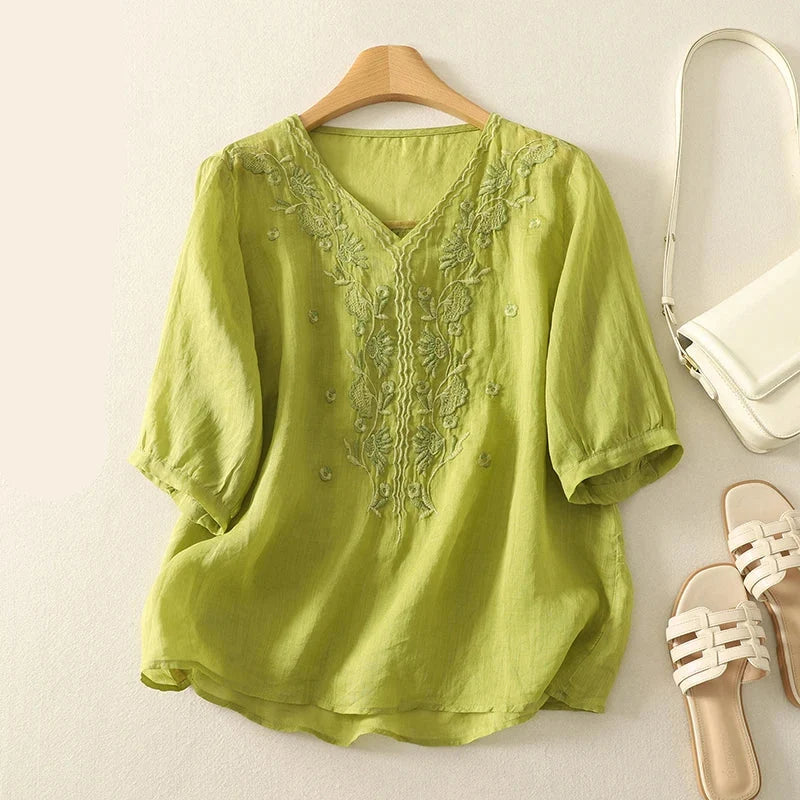 Women's Linen Embroidered Blouse V-Neck Casual Short Sleeve Top