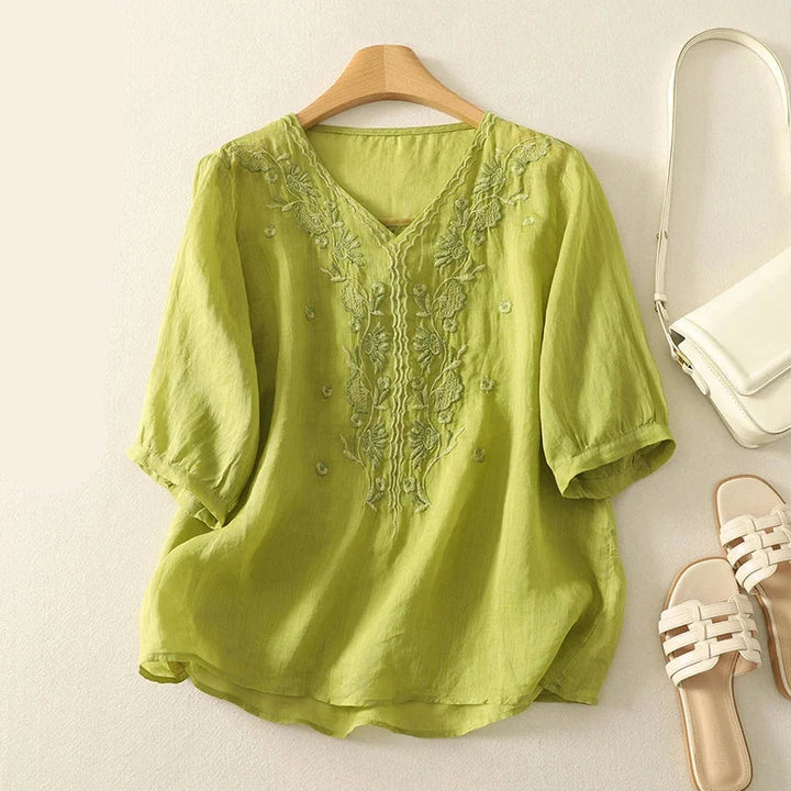 Women's Linen Embroidered Blouse V-Neck Casual Short Sleeve Top