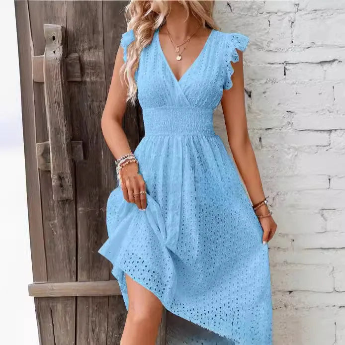 Women's Lace V Neck A Line Midi Dress