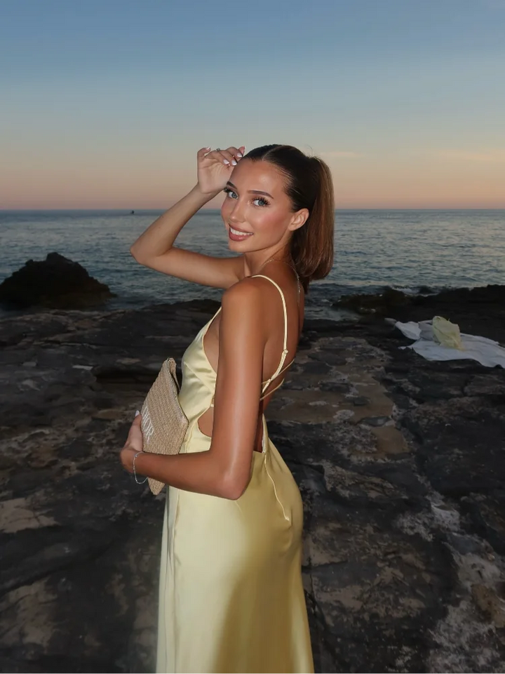 Women's Satin Cowl-Neck Strappy Maxi Dress