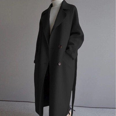 Women Wool Overcoat Long Trench Coat With Belt