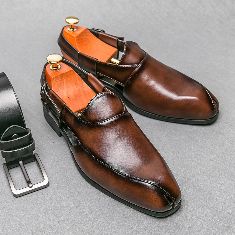 Męskie skórzane półbuty wizytowe typu slingback, wygodne mokasyny, sandały
