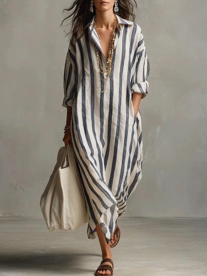 Women's Striped Linen Maxi Shirt Dress