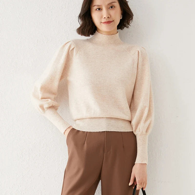 Women's Merino Wool Mock Neck Long Sleeve Knit Pullover Jumper