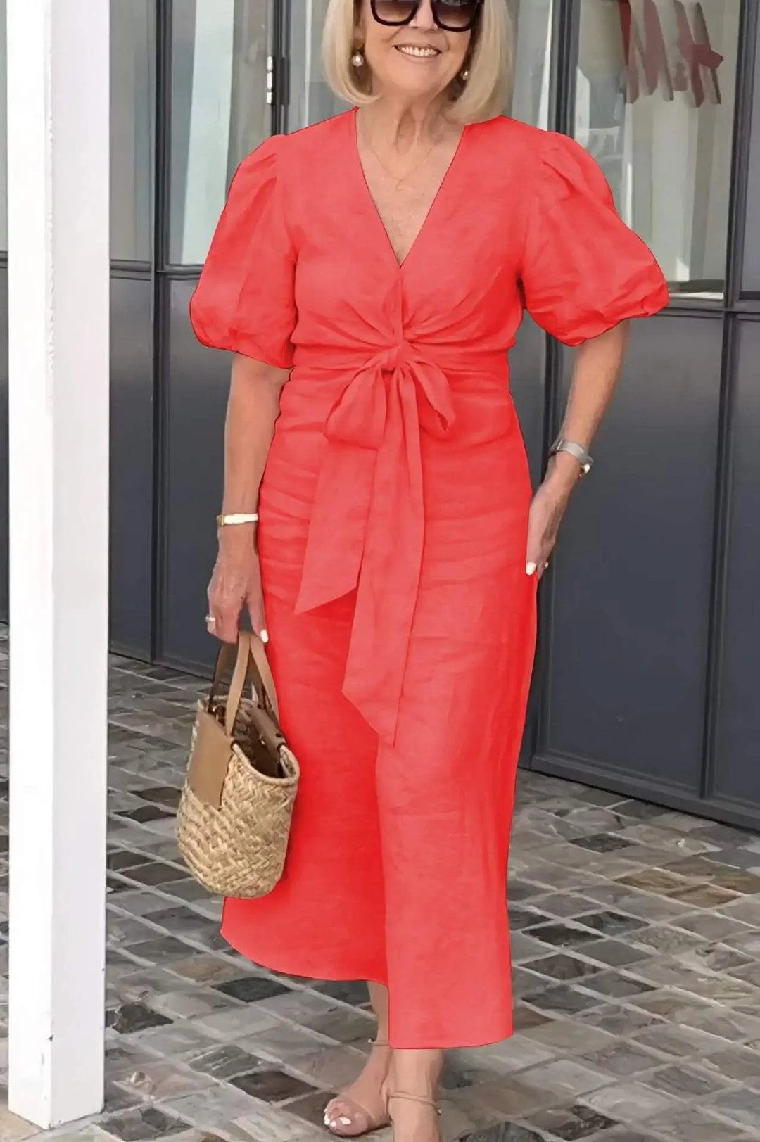 Women's Linen Wrap Midi Dress Short Puff Sleeve V Neck Tie