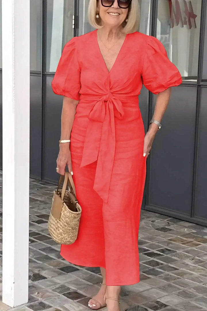 Women's Linen Wrap Midi Dress Short Puff Sleeve V Neck Tie