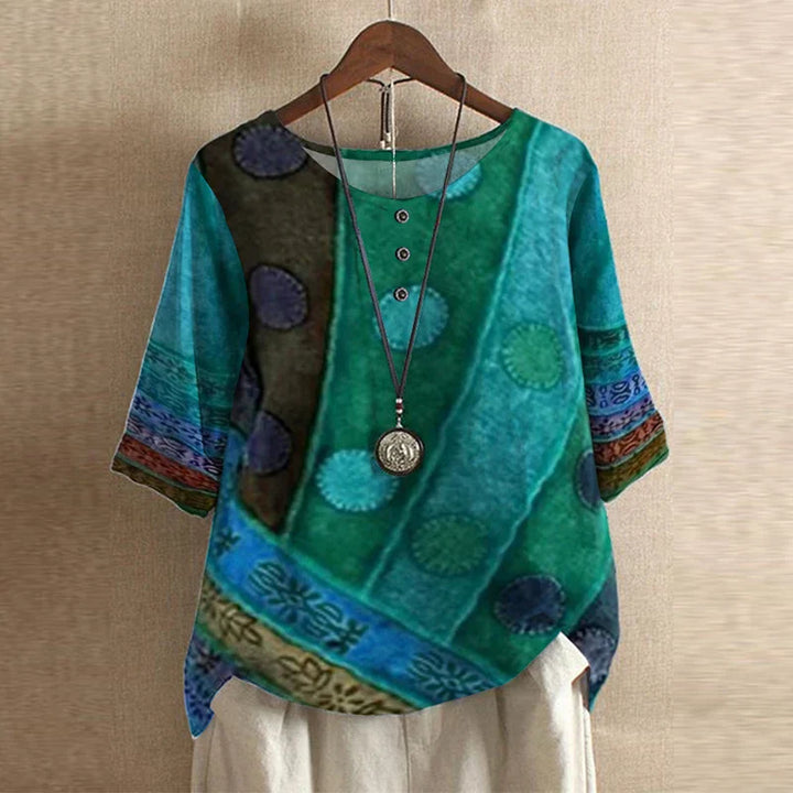 Women's Boho Floral Round Neck 3/4 Sleeve Tunic Blouse Tops
