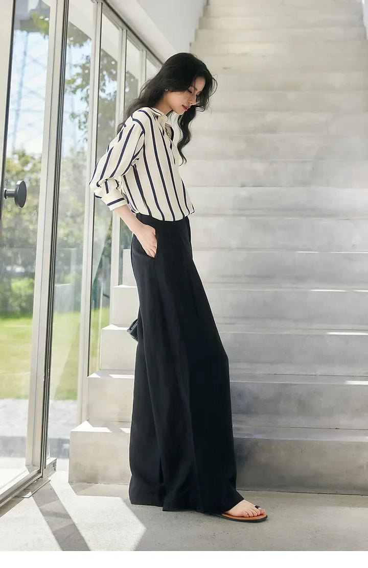 Women's Striped Long Sleeve Linen Shirt Button Up Blouse Tops