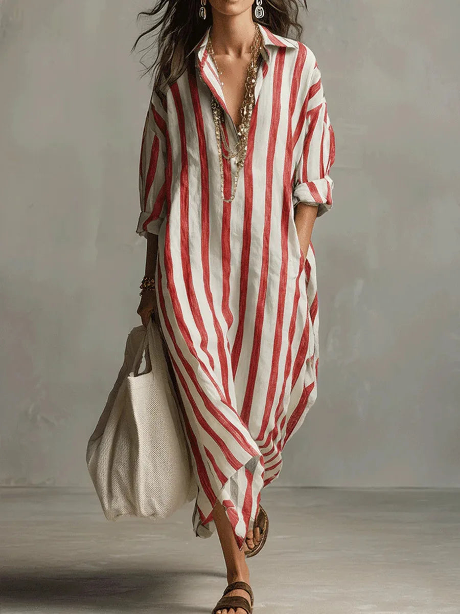Women's Striped Linen Maxi Shirt Dress