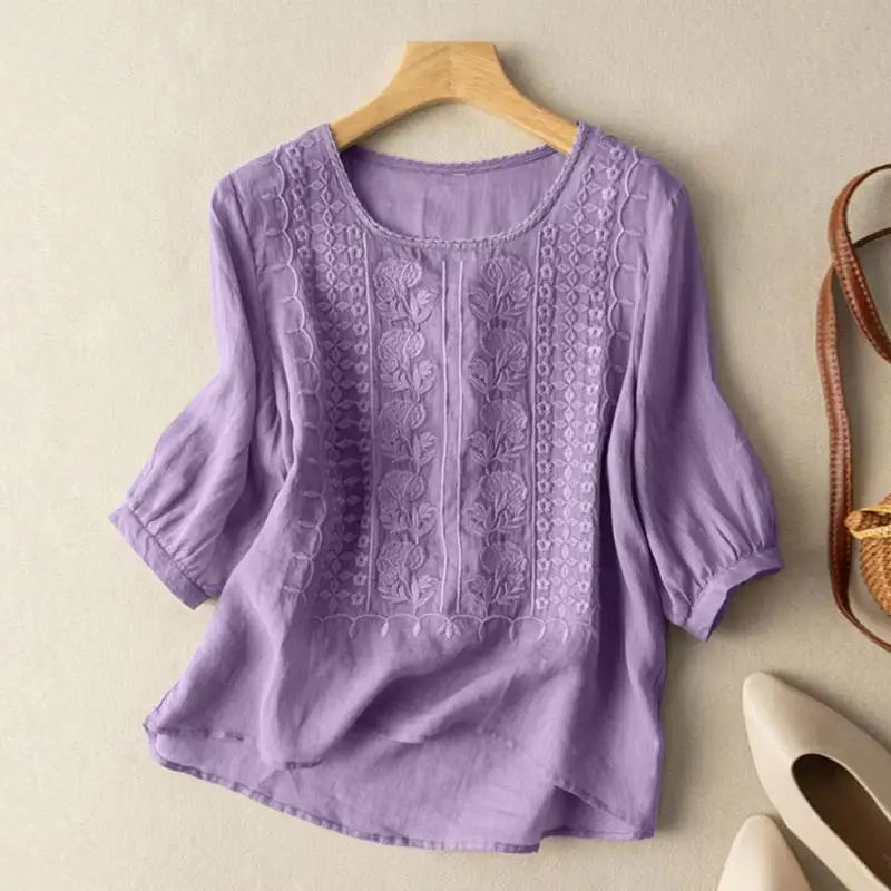Linen Blouse Women Floral Relaxed Embroidered Top