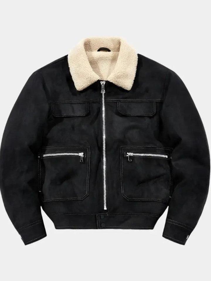 Men’s Suede Zip-Up Aviator Bomber Jacket with Fleece Collar