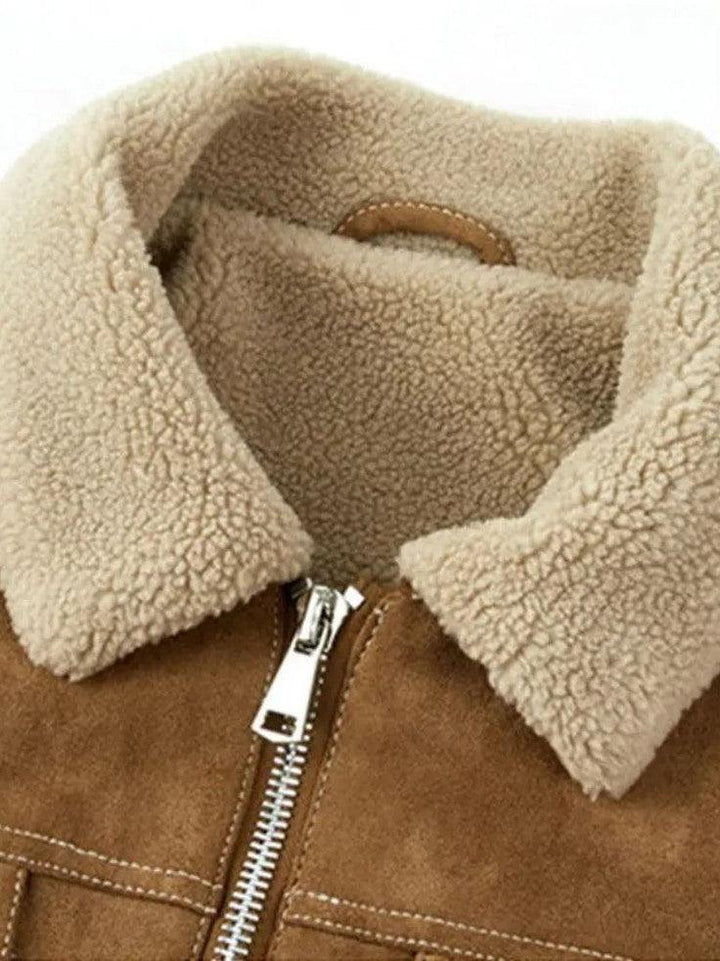 Men’s Suede Zip-Up Aviator Bomber Jacket with Fleece Collar