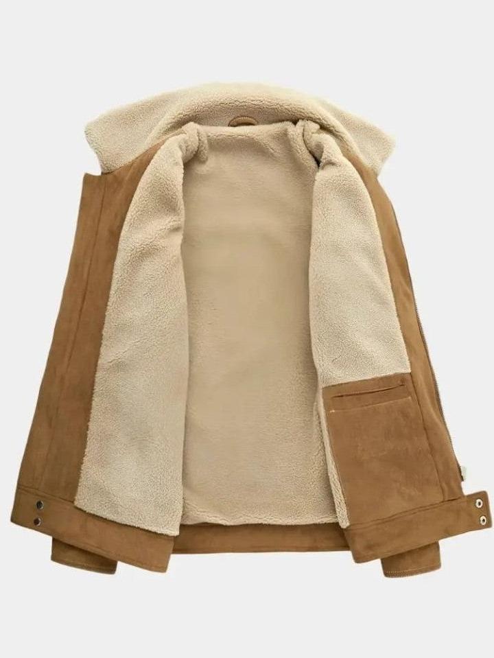 Men’s Suede Zip-Up Aviator Bomber Jacket with Fleece Collar