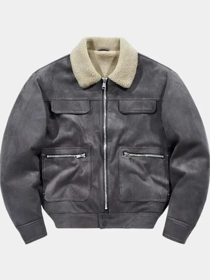 Men’s Suede Zip-Up Aviator Bomber Jacket with Fleece Collar