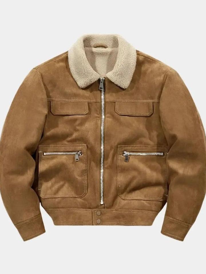Men’s Suede Zip-Up Aviator Bomber Jacket with Fleece Collar
