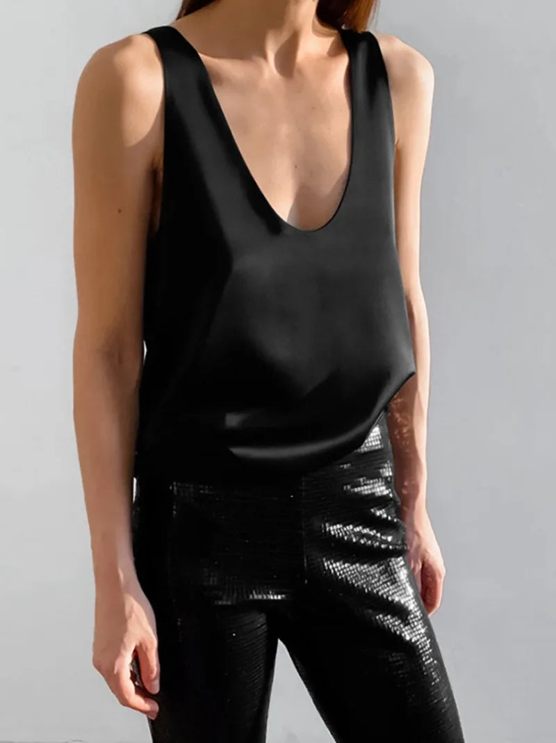 Women's Satin Sleeveless Scoop Neck Tank Top 