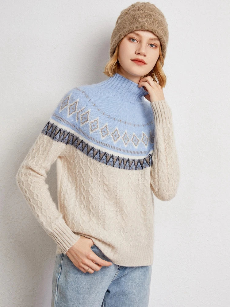 Women's Wool Knit Mock Neck Fair Isle Sweater