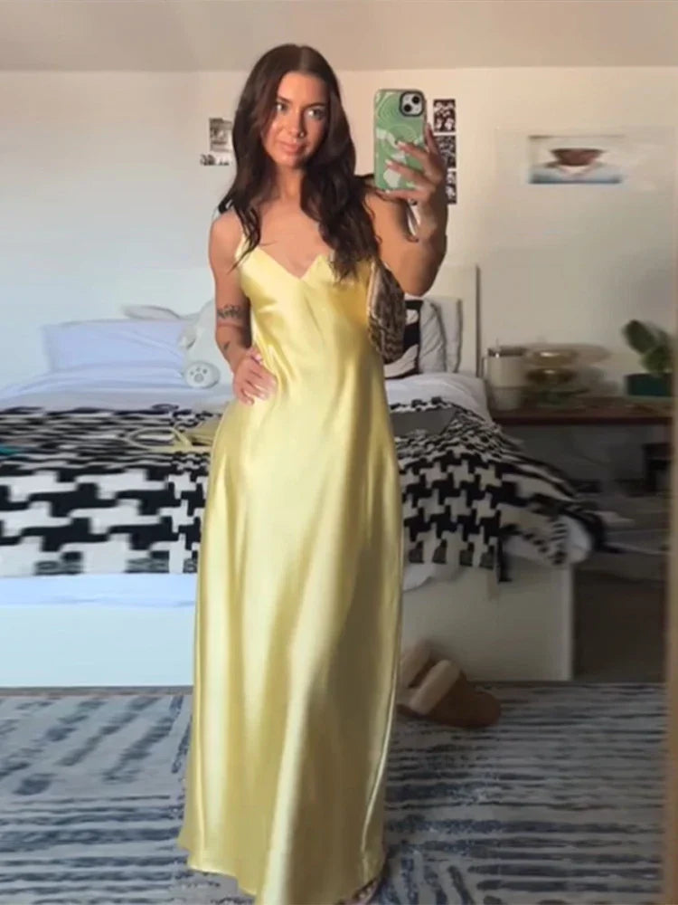 Women's Satin Cowl-Neck Strappy Maxi Dress