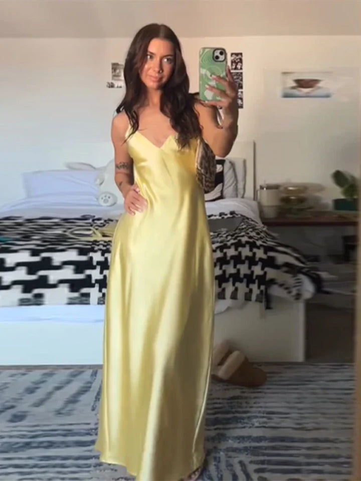 Women's Satin Cowl-Neck Strappy Maxi Dress
