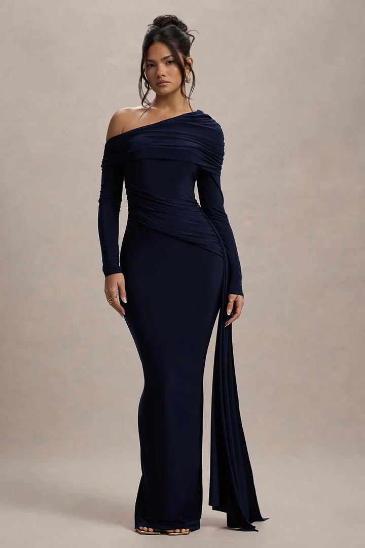 Women Knit Blend Off Shoulder Ruched Asymmetric Evening Maxi Dress