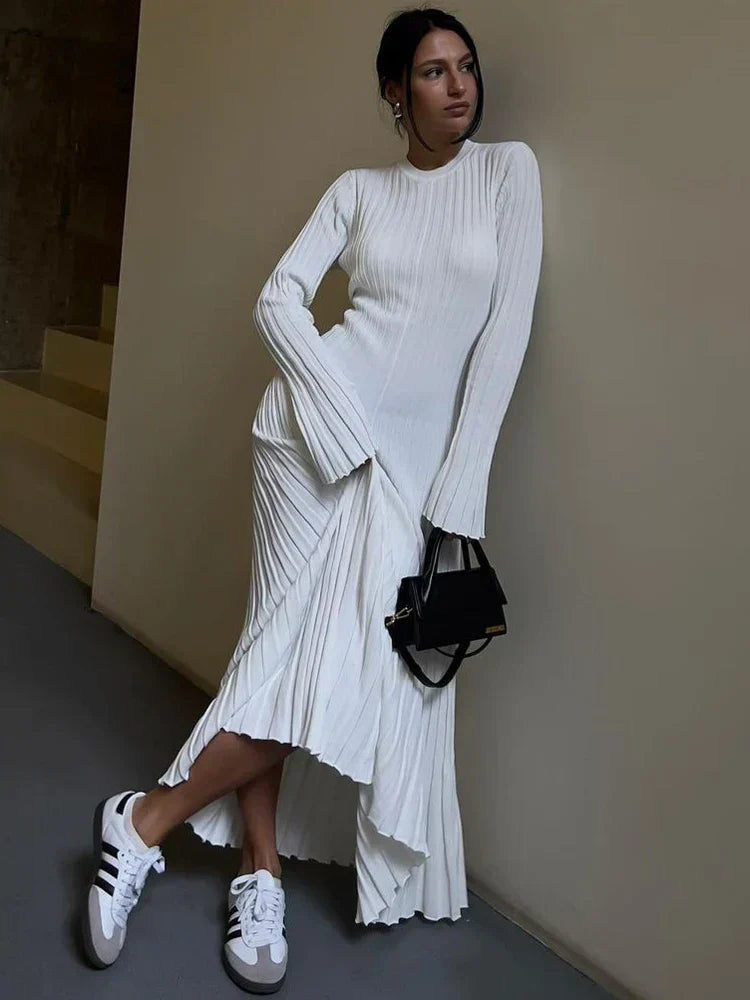 Knit Maxi Dress for Women Ribbed Long Sleeve Dress