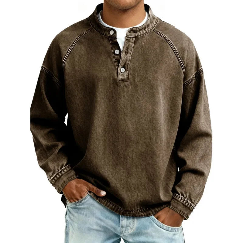 Men’s Denim Henley Collarless Long-Sleeve Shirt