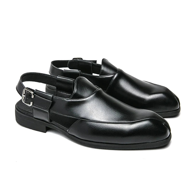 Męskie skórzane półbuty wizytowe typu slingback, wygodne mokasyny, sandały