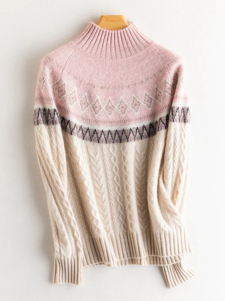 Women's Wool Knit Mock Neck Fair Isle Sweater