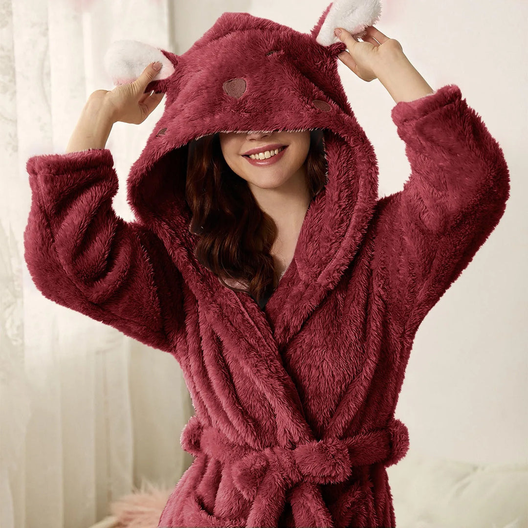 Women's Fleece Hooded Dressing Gown Bathrobe