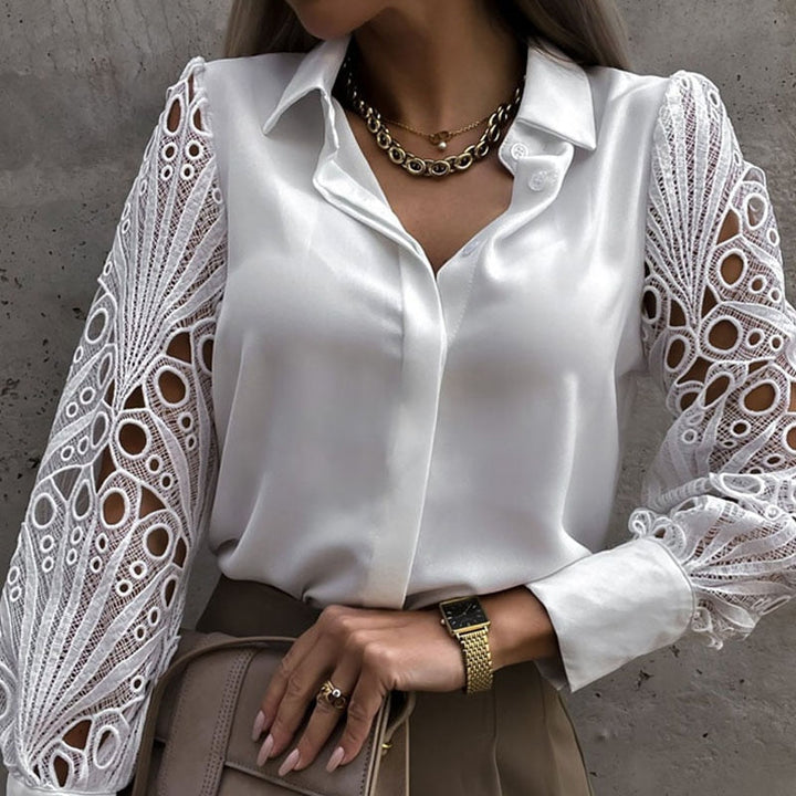 Women’s Silk Button Down Shirt Long Sleeve Cutout Mesh Blouse