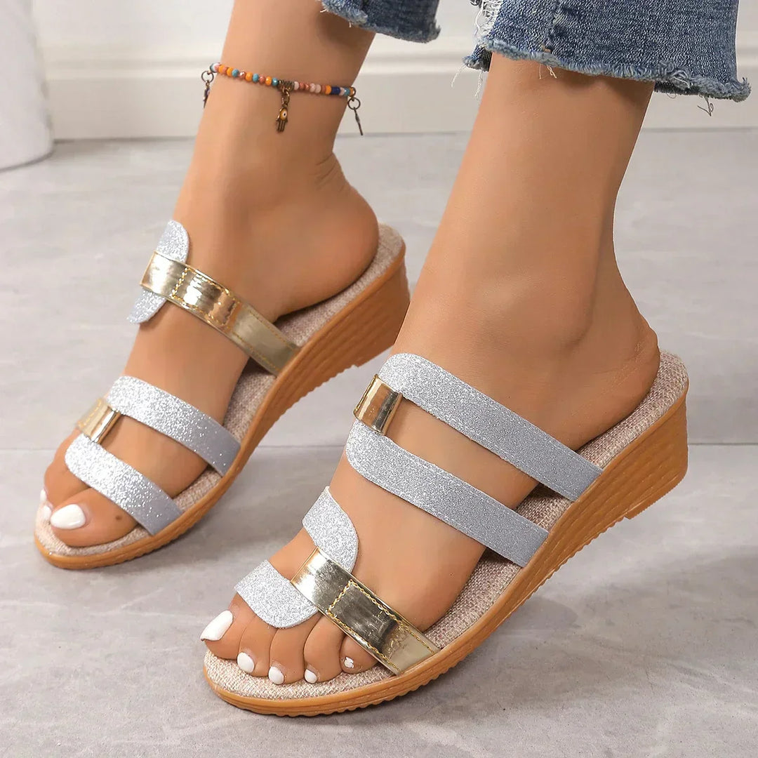 Women's Leather Wedge Sandals Open Toe Slides