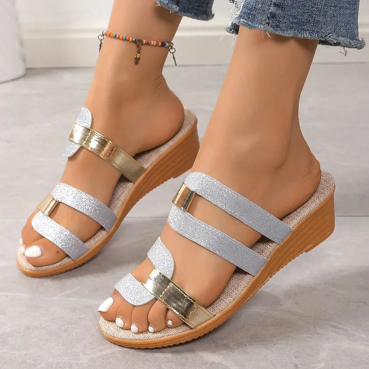 Women's Leather Wedge Sandals Open Toe Slides