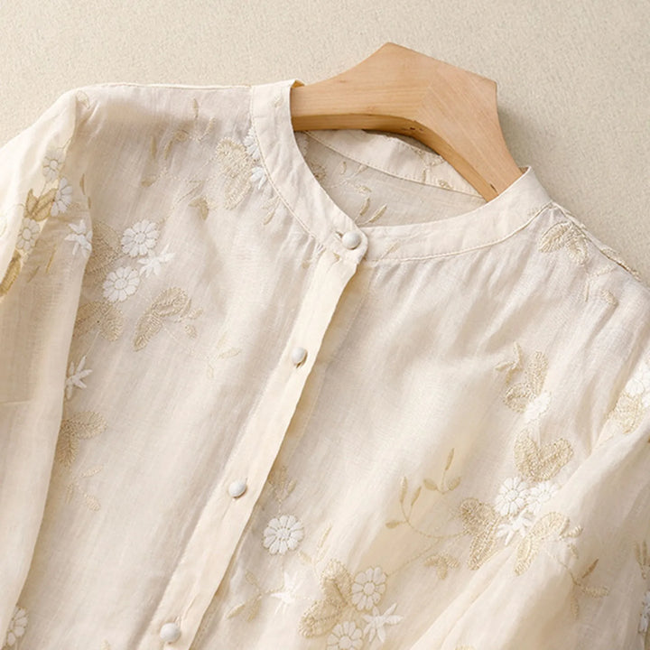 Women's Floral Embroidered Linen Blend Blouse Shirt Top