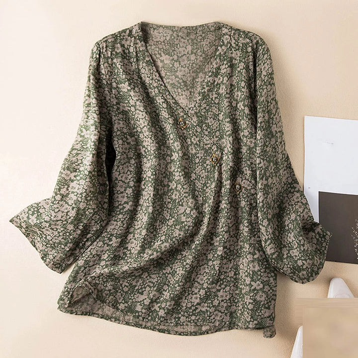 Dámská halenka z lněné směsi s výstřihem do V a dlouhými rukávy
