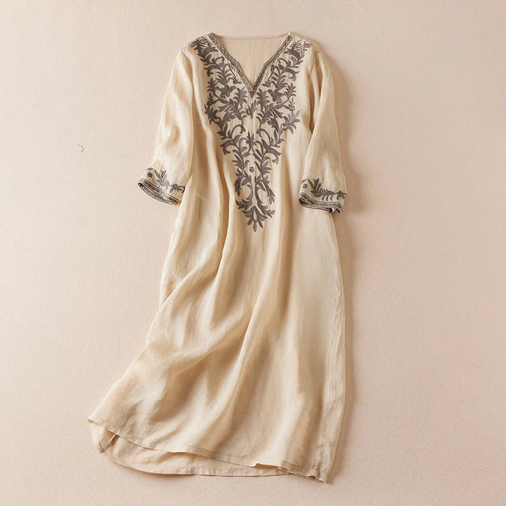 Robe midi imprimée en lin à col en V pour femme