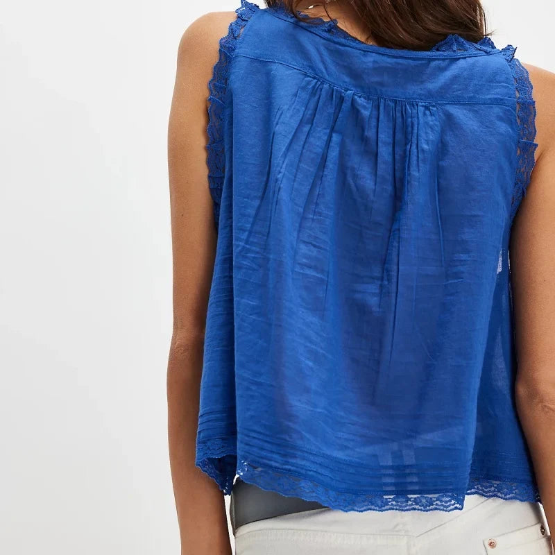 Women's Linen Blend Sleeveless Lace Tank Top Cami Blouse