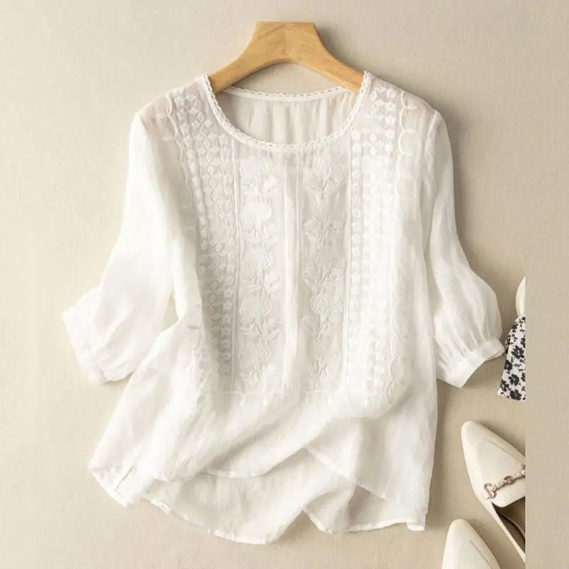 Linen Blouse Women Floral Relaxed Embroidered Top
