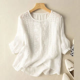 Linen Blouse Women Floral Relaxed Embroidered Top
