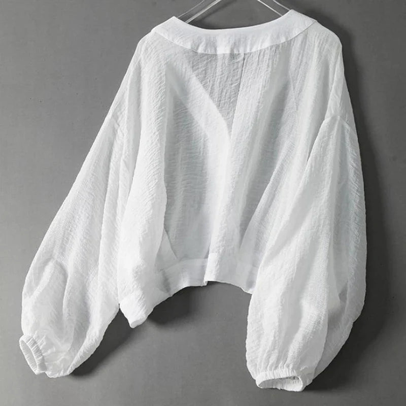 Women's V-Neck Loose Linen Blouse Casual Long Sleeve Shirt