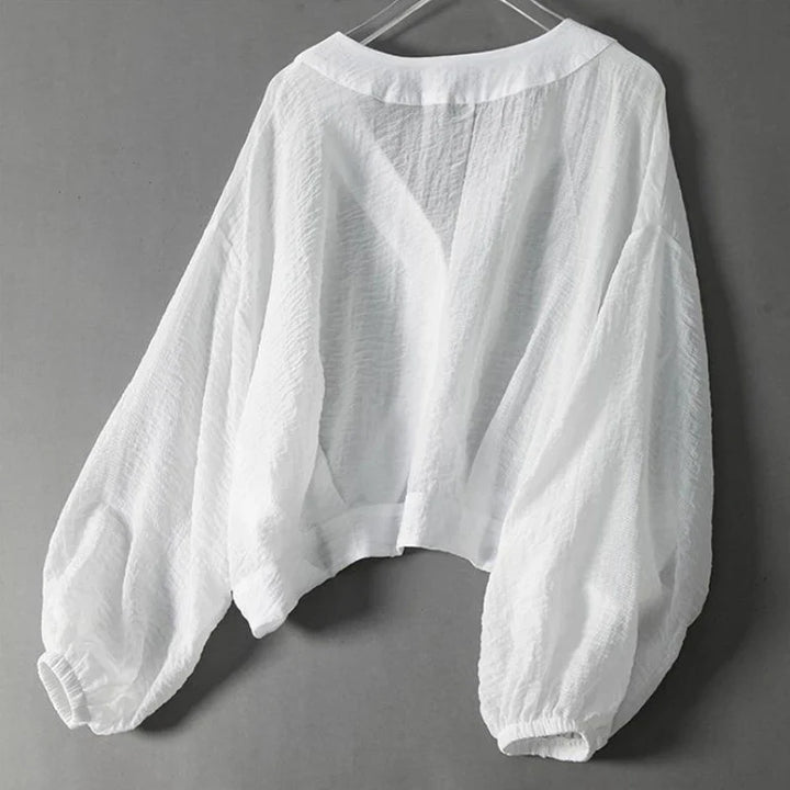 Women's V-Neck Loose Linen Blouse Casual Long Sleeve Shirt