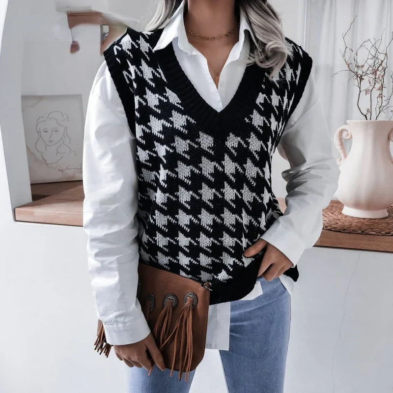 Women's Houndstooth Knit Sweater Vest V-Neck Sleeveless Pullover